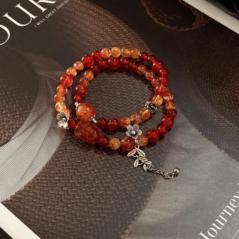 Handmade Red Agate Flower Quartz Double Wrap Bracelet Women Vintage Chinese Style Fashion Jewelry