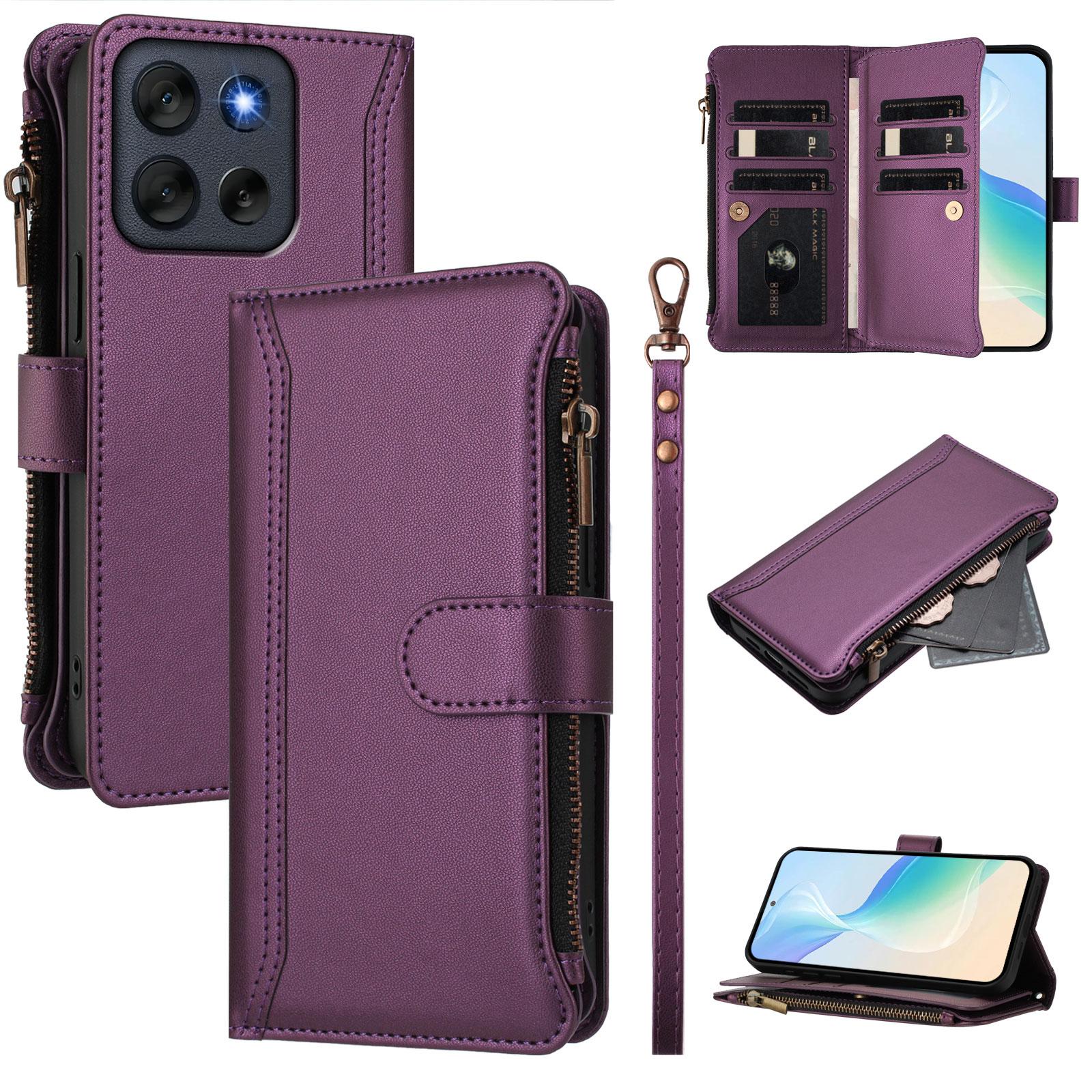

For Motorola Moto G56 5G Leather Case 9 Card Slots Zipper Wallet Stand Phone Cover with Wrist Strap Purple