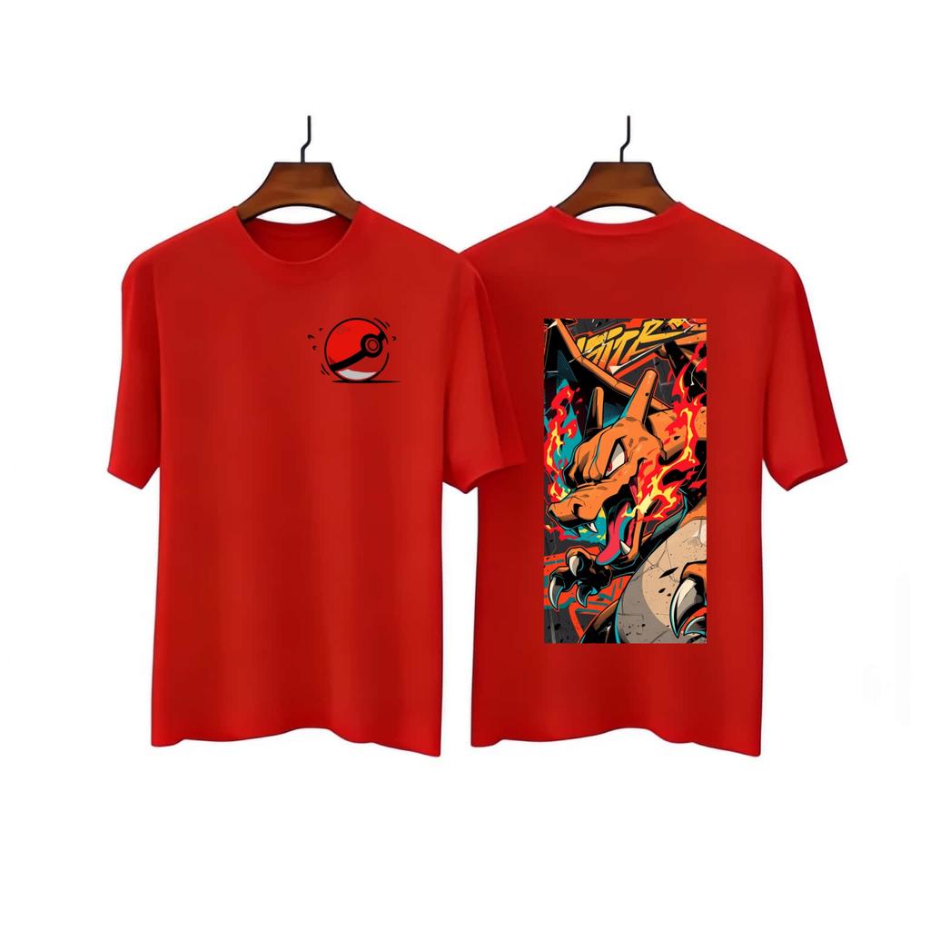 Summer New Pok Mon Spray Dragon Cartoon Style Pure Cotton Adultchildren Loose Plus Size Short Sleeved Breathable Tshirt