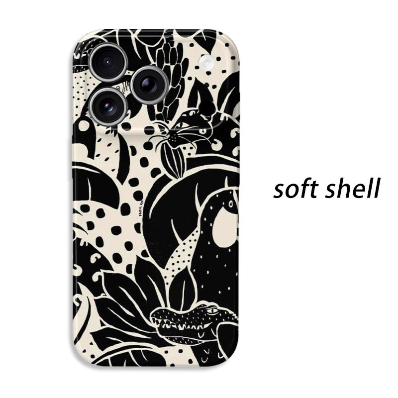 Artistic Graphic Black White Botanic Leaves Hidden Cat Pattern Line Film Aesthetic Protective Shockproof Bumper Cover For iPhone 14 15 16 Pro Max Plus
