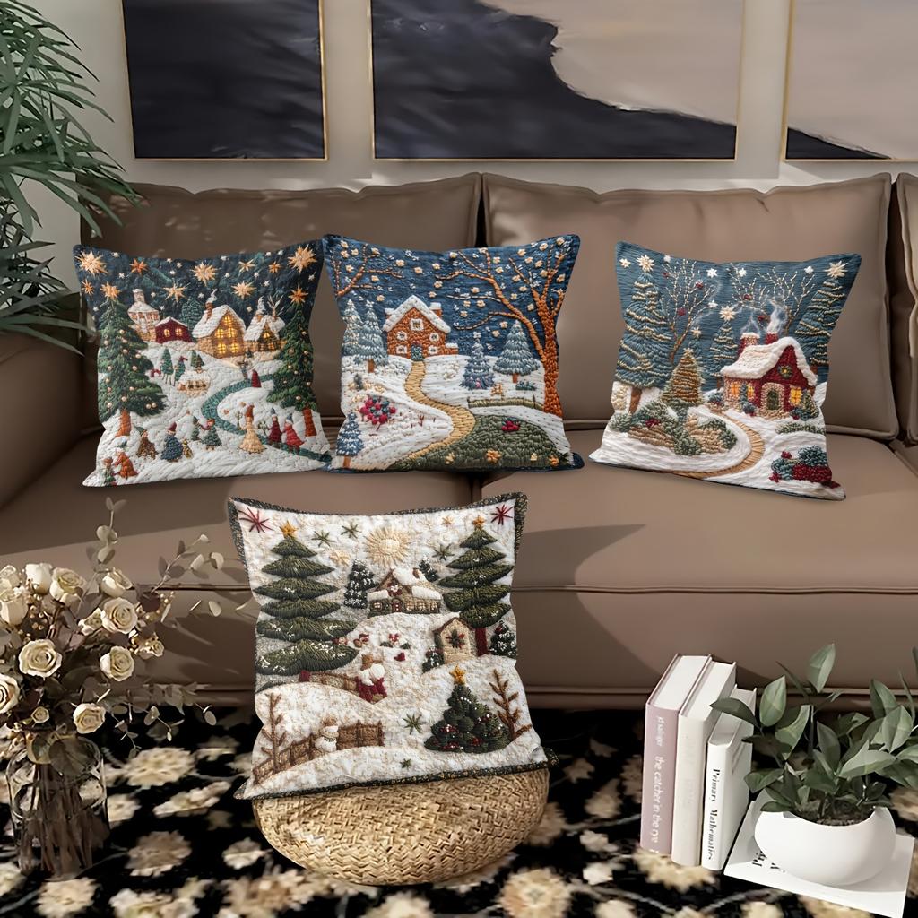 Christmas Snow Pillowcase: Embroidered Dream Cabin and Bright Starry Sky New Year Home Decoration 2d Flat Printing