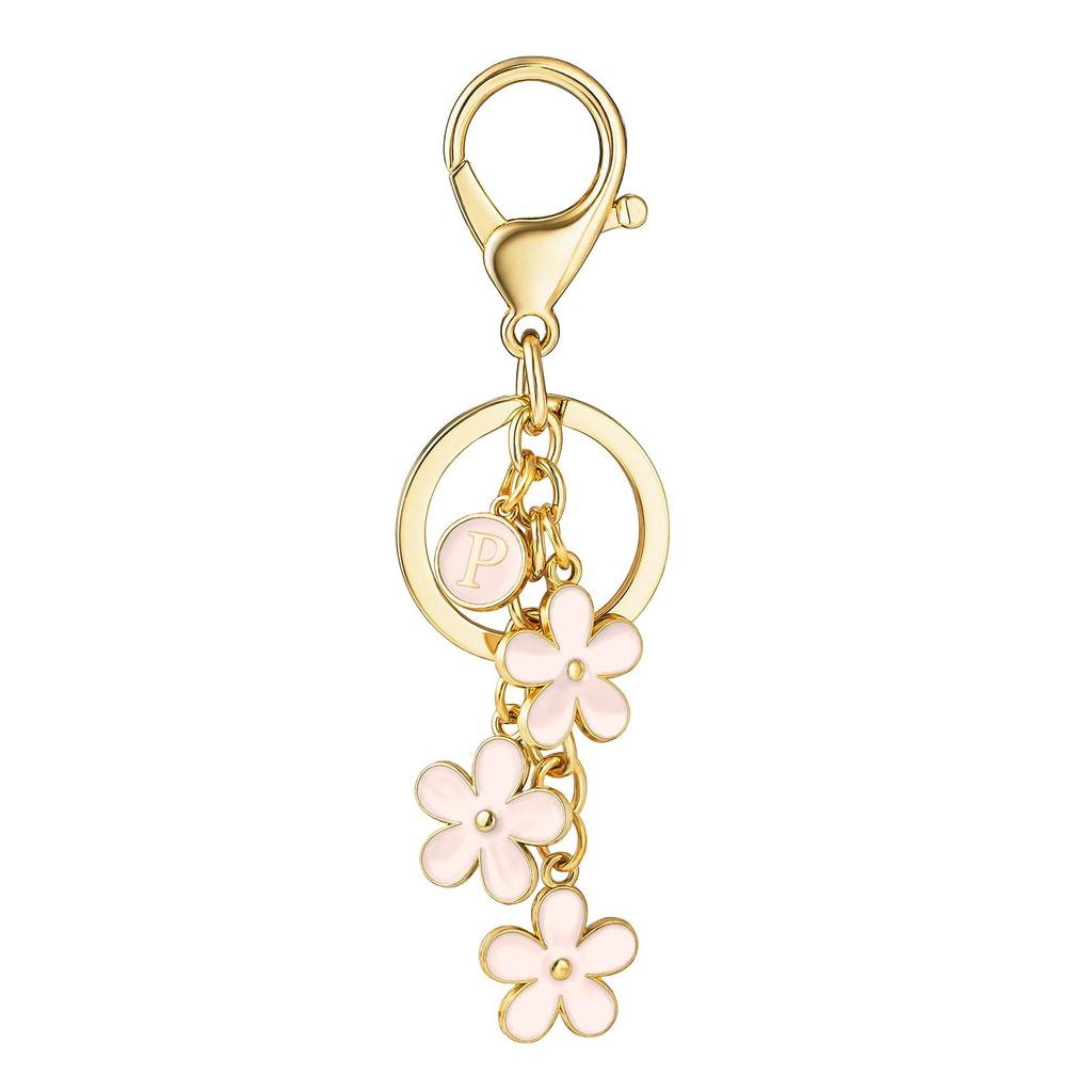 Initial Keychain White/Pink Flower Charms for Key Cute Letter Keyring for Handbag Backpack Key Ring Accessories