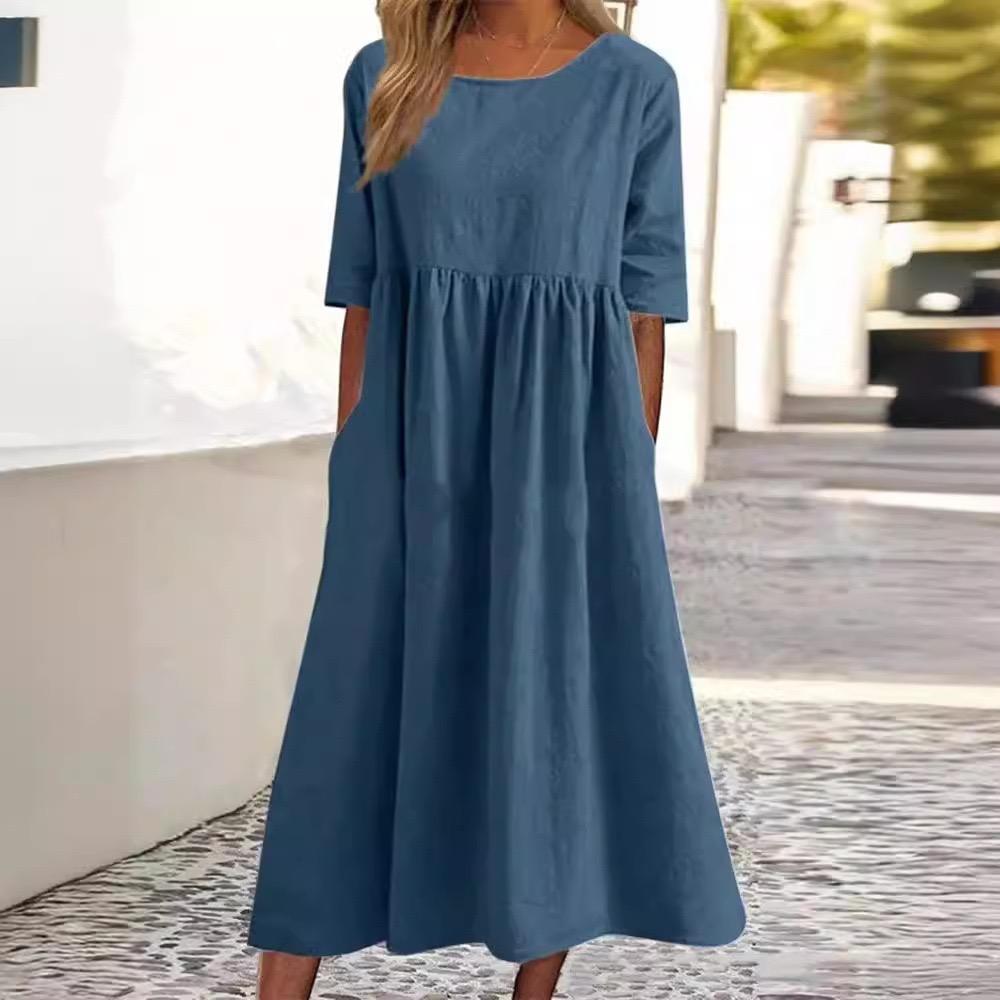 Summer Cotton and Linen Casual Short Sleeve Pocket Pleated Loose O-Neck Dress