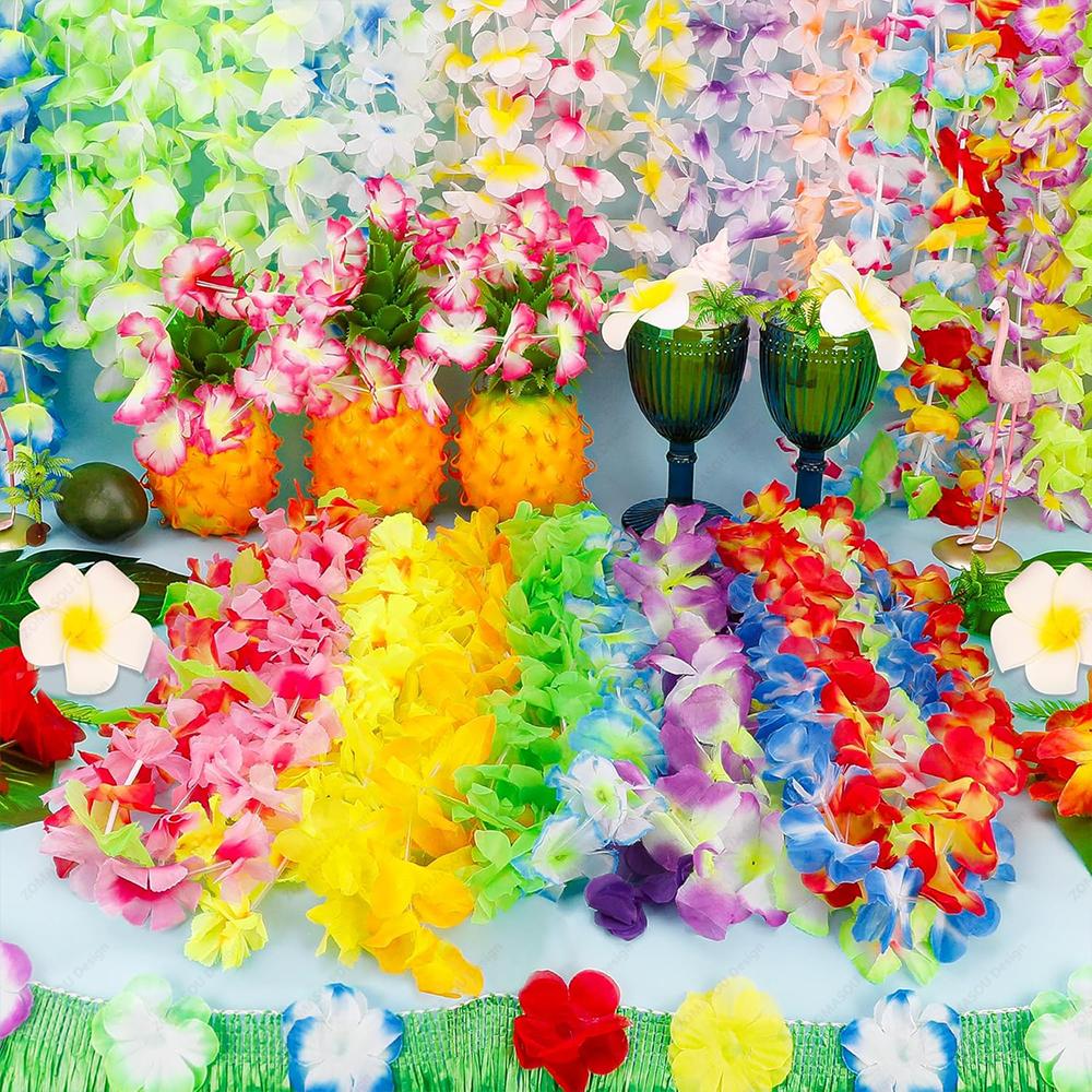 1-100Pcs Hawaiian Leis Flowers Hawaiian Flower Wreath Necklace  Artificial Garland for Luau Party Birthday Decorations Supplie
