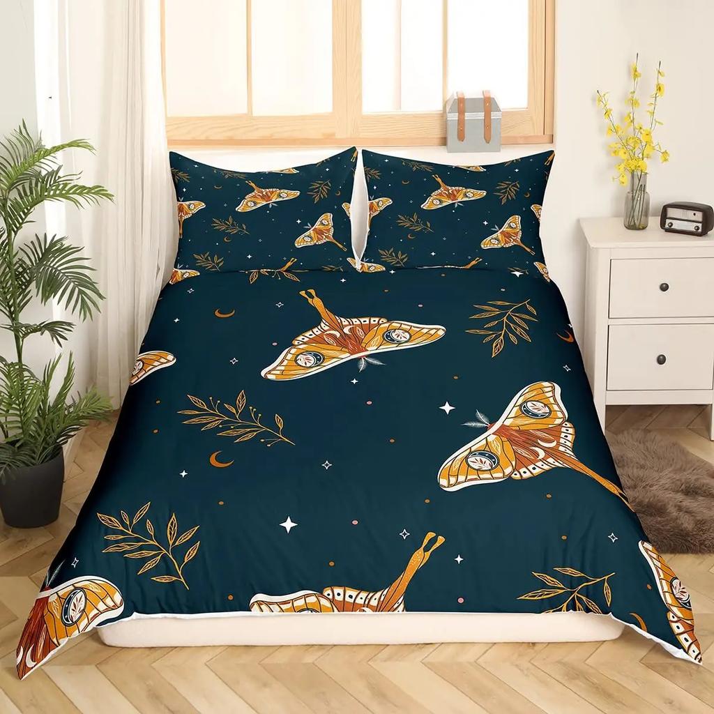 Death Moth Flowers King Queen Bedding Set Leaves Sun Moon Duvet Cover Gothic Animal Floral Comforter Cover Polyester Quilt Cover