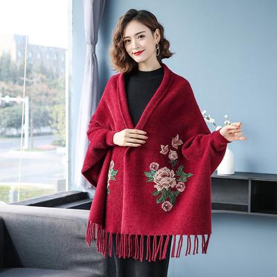 Autumn and Winter Thickened Faux Mink Fur Shawl for Women, Cape To Be Worn Over a Cheongsam, Embroidered Fringed Coat, Warm Scarf with Sleeves