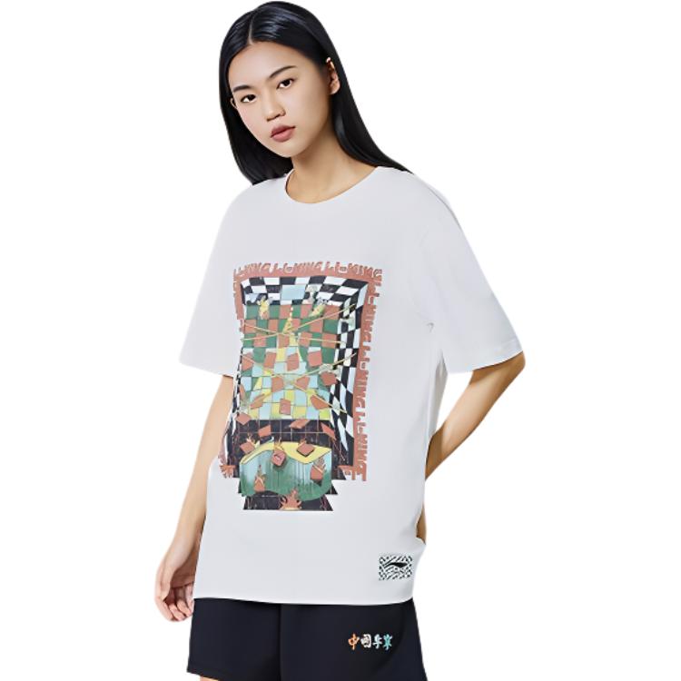 Li Ning T Shirts Unisex White Crew Neck Moderate Straight Fit AHSSB15-1