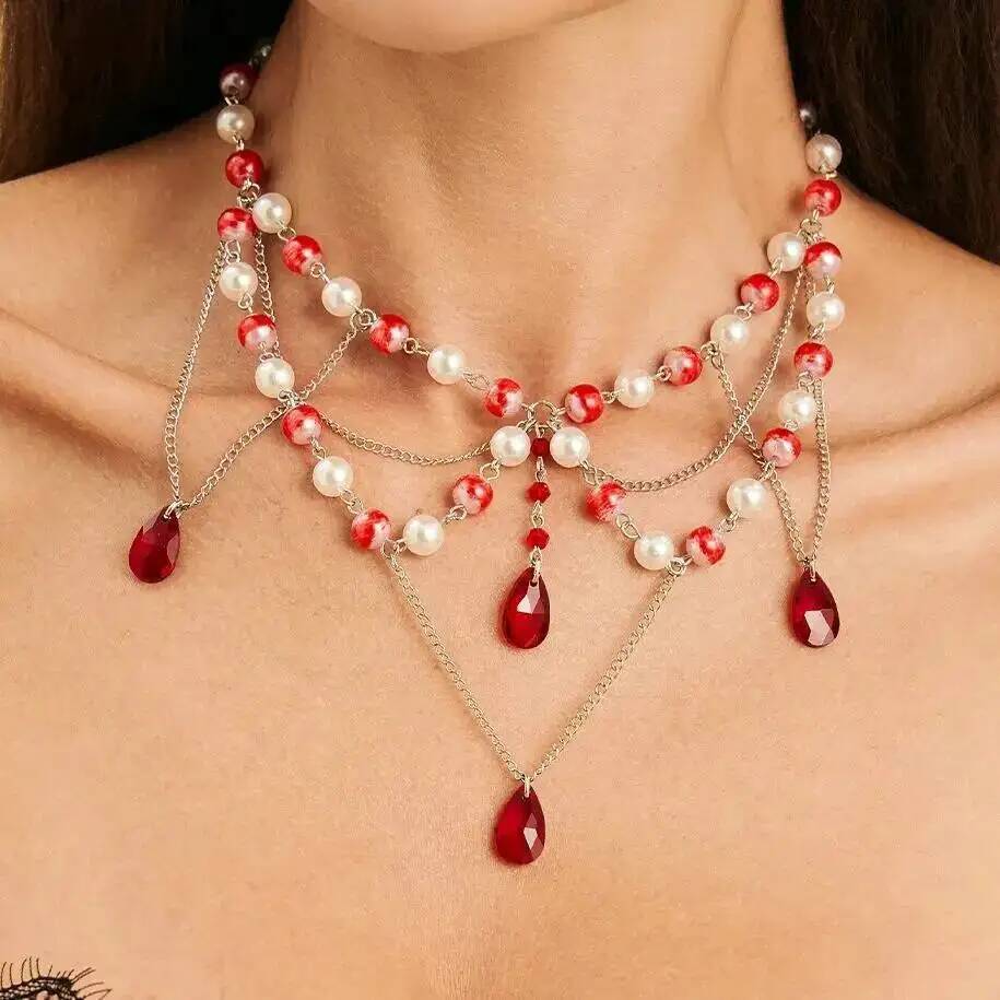 

Ingemark Multilayer Goth Red Crystal Pendant Tassel Necklace for Women Vintage Imitation Pearl Clavicle Chain Party Jewelry Gift