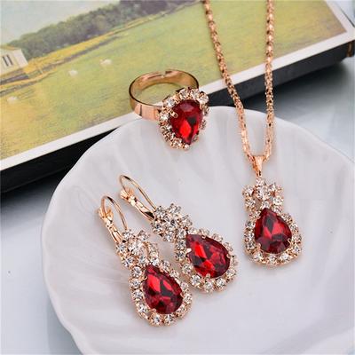 Shimmering Bridal Jewelry Set with Colored Water Drop Design - Necklace, Earrings & Ring
