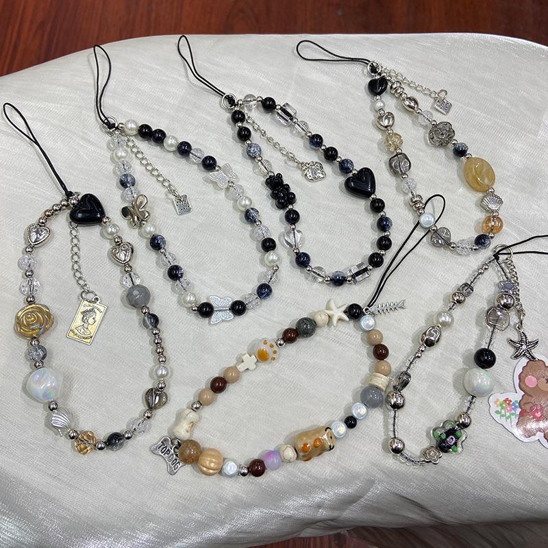Y2k Black Heart Pearl Beaded Phone Chain Hanging Cord Phone Charms Phone Strap Summer Handmade Mobile Lanyard Jewelry Gift
