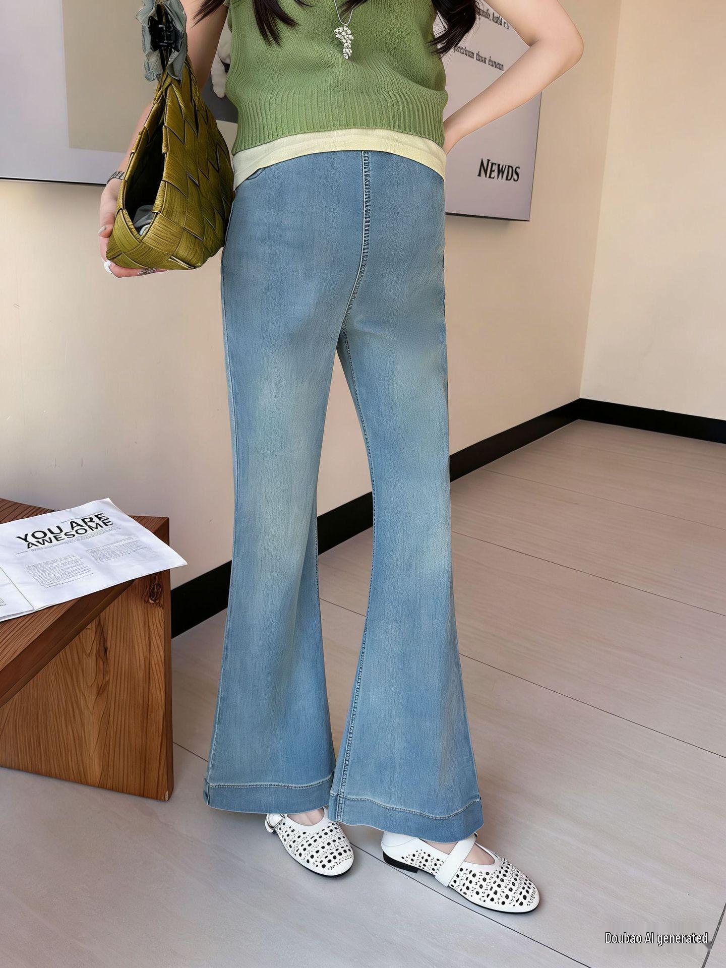 

2026 High-Waisted Drawstring Bell Bottom Stretch Denim Jeans for Pregnant Women with Rhinestone Embellishments. M (90-120 lbs)