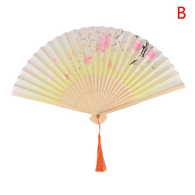 Vintage Printed Silk Folding Hand Fan Tassel Chinese Bamboo Fans Women Dance Performance Props Home Decoration Ornaments
