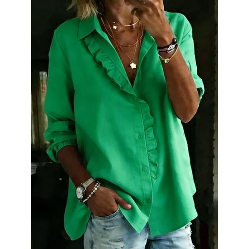IHUASU Women's Fashion Casual Solid Color Print Long Sleeve V-Neck Blouses & Shirts