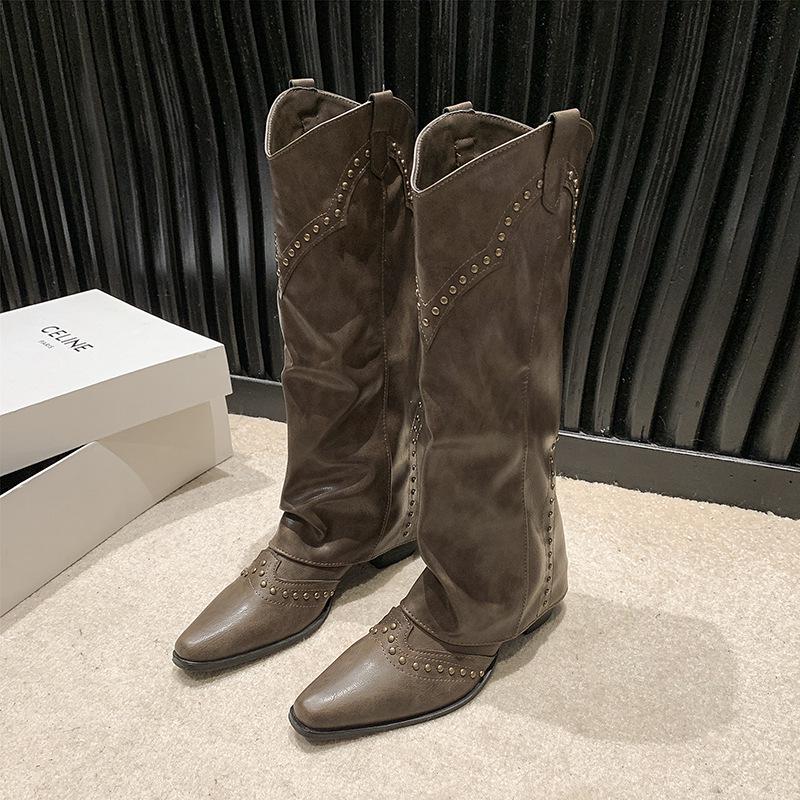 Damen Retro Cowboy Stiefel mit spitzer Zehenpartie - Herbst/Winter 2025 Klobiger Absatz, Kniehoher Reiterstil