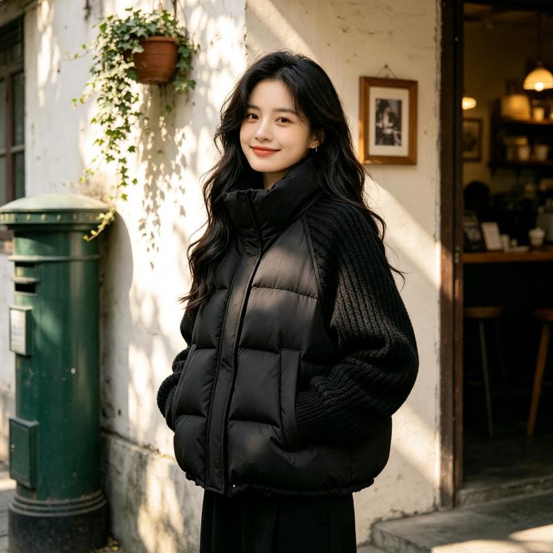New knitted splicing sleeves short down cotton-padded jacket women's jacket winter stand-up collar loose thickened cotton-padded jacket women's clo