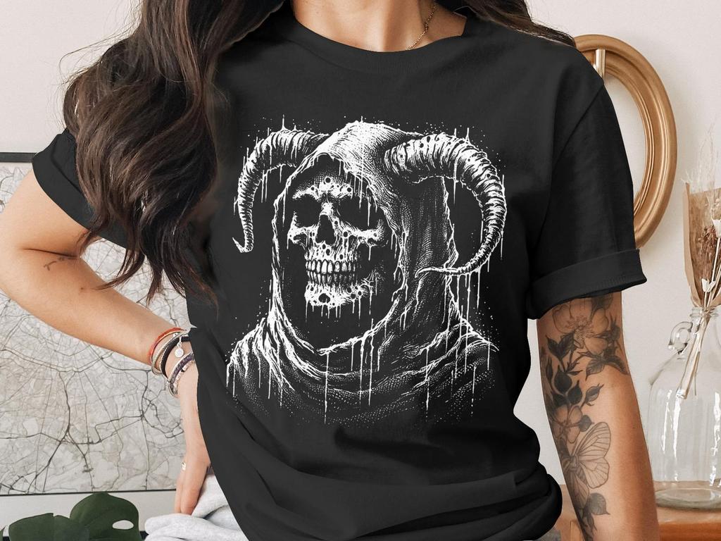Gothic Skull T-Shirt, Horned Grim Reaper Tee, Dark Aesthetic Apparel, Macabre Grunge Art Top, Alt Fashion Occult Wear, Horror Fan Gift
