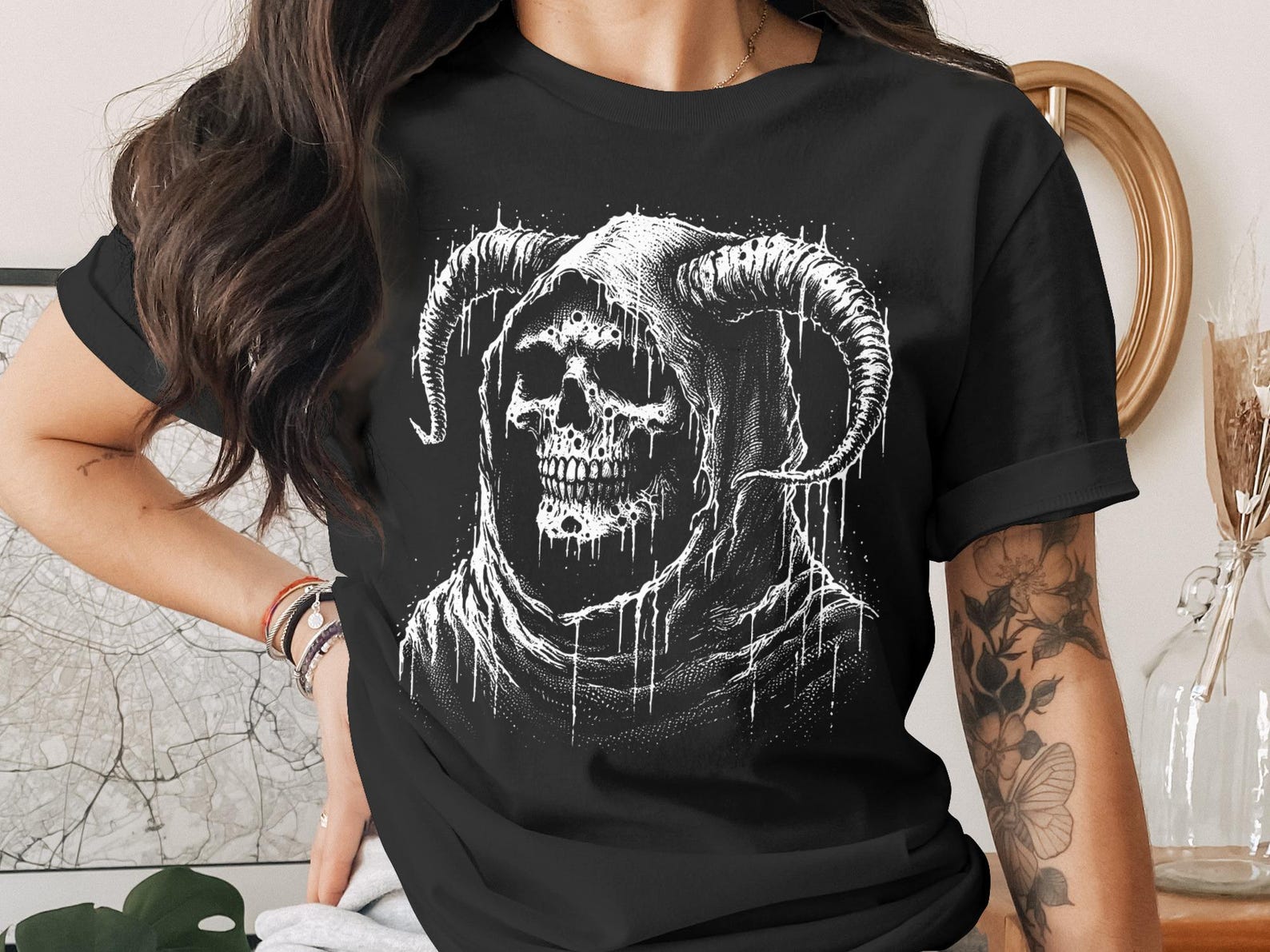 Gothic Skull T-Shirt, Horned Grim Reaper Tee, Dark Aesthetic Apparel, Macabre Grunge Art Top, Alt Fashion Occult Wear, Horror Fan Gift 2XL