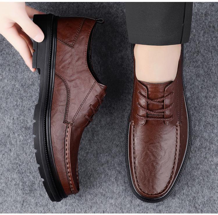 Men's Casual Leather Work Shoes - Low-Top, Height-Increasing, Handmade Cowhide, British Style