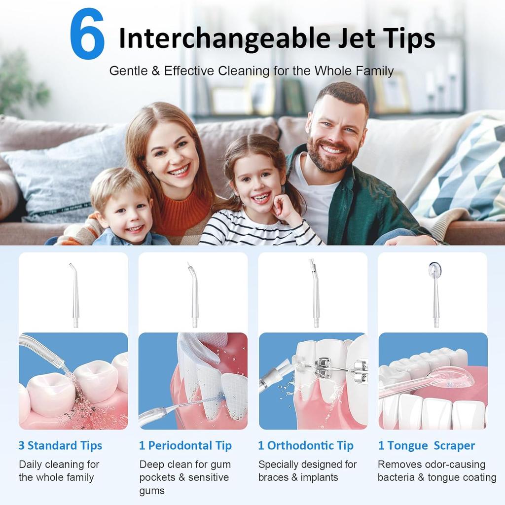 Water Dental Flosser for Teeth – 300ML Cordless Oral Irrigator with 6 Replaceable Jet Tips, 3 Modes, Portable Rechargeable Electric Flosser for