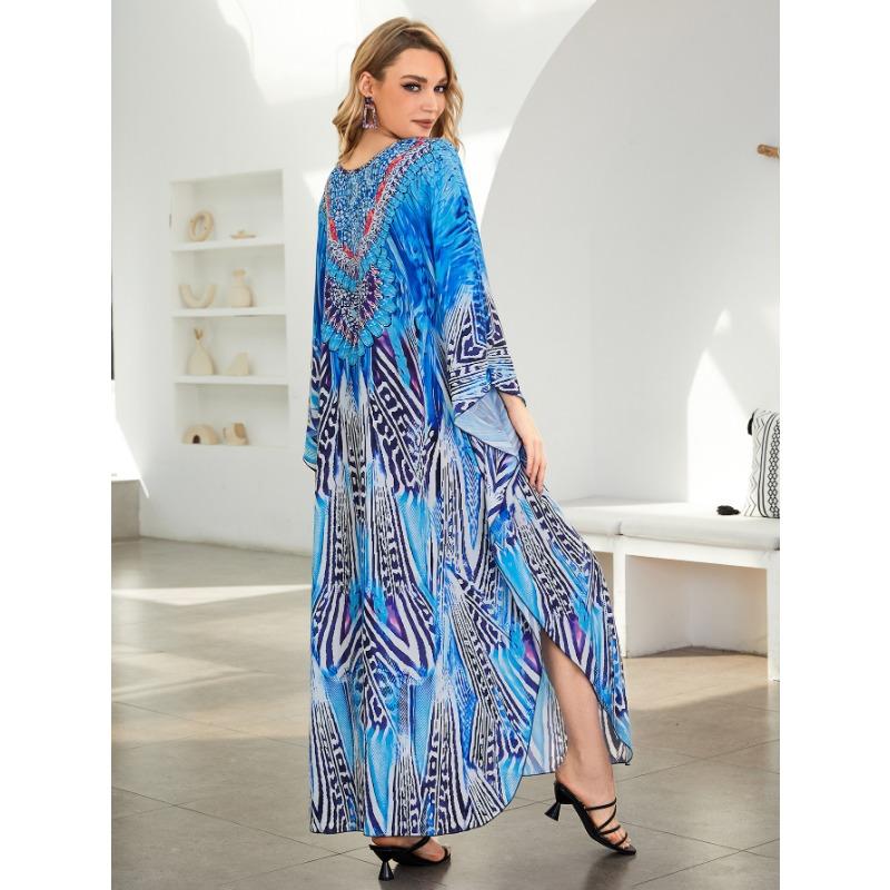Women's Fashion Summer Spring Feather Print 3/4 Sleeves V-Neck Loose Waistline Casual Dresses