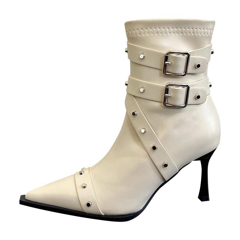 Spice Girl! Black Rivet Pointed High-heeled Short Boots Women's 2025 Autumn New Fashionable Versatile Soft Leather Spring and Autumn Single Boots