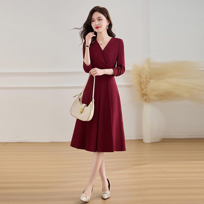 Elegant V-neck Solid Color Midi Dress with Long Sleeves - Spring 2025