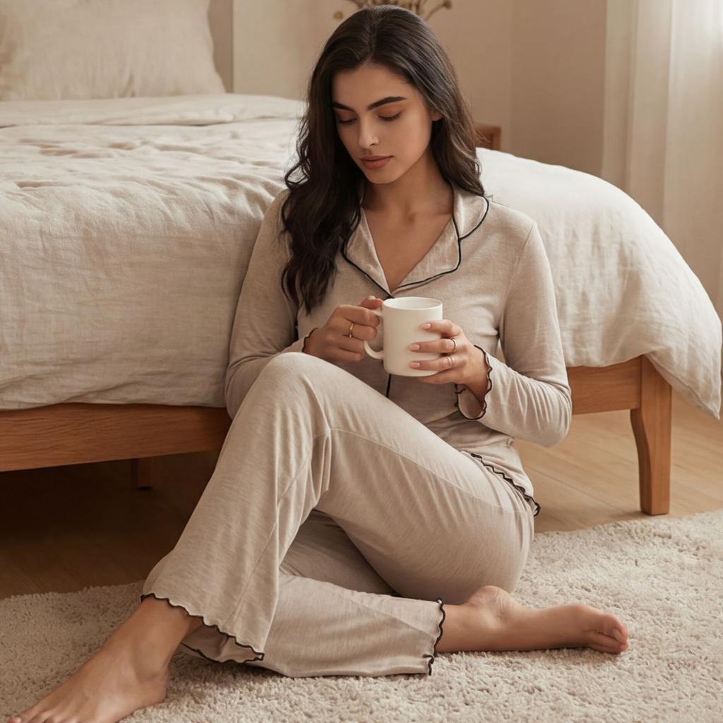 European and American long-sleeved pajamas set women's lapel button homewear knitted cardigan two-piece set wholesale