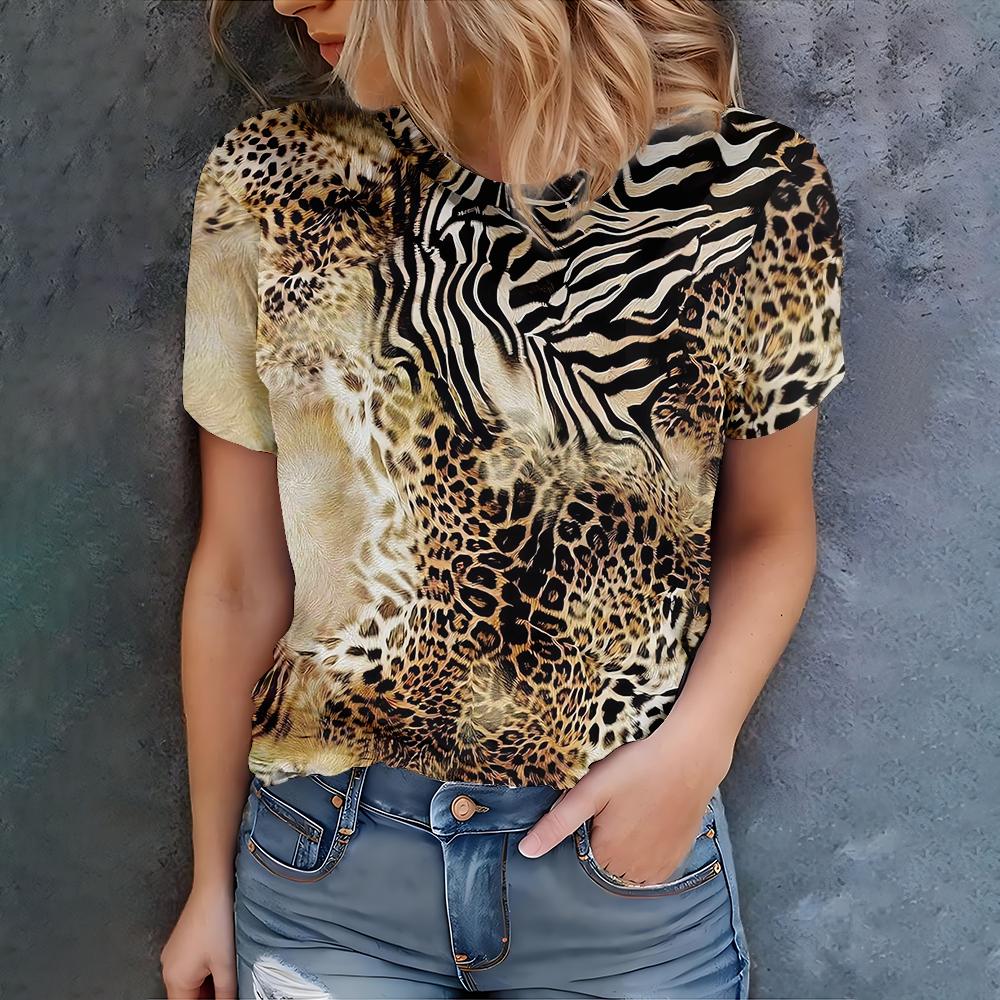 

Ladies fashion leopard print zebra print short sleeved T-shirt, personalized wild style top Summer S