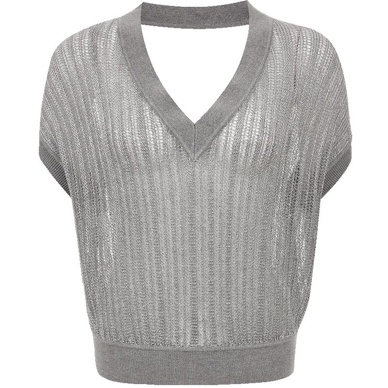 

VEROMODA 2025 Spring Shimmer V-Neck T-Shirt with Back Cutout M