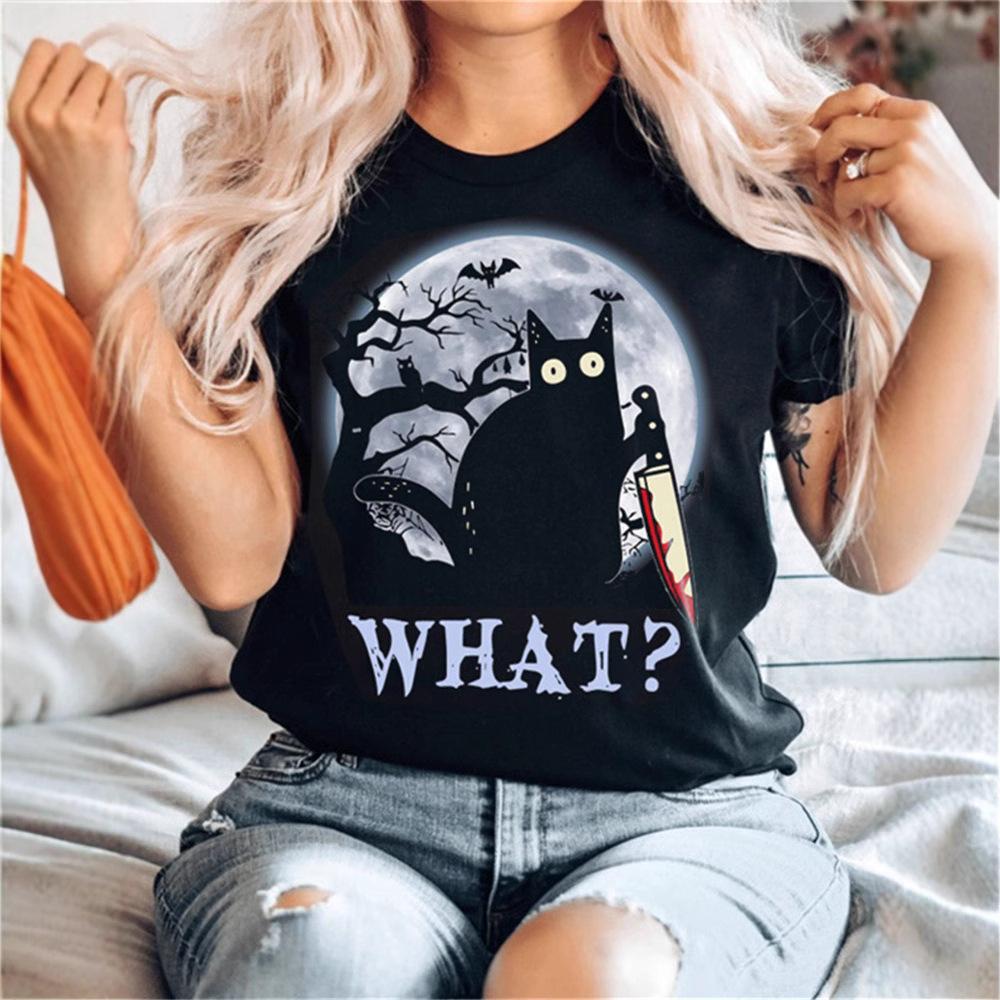 Sommer Rund Hals 3D Kattetrykk Topp Moteabel Casual Kort Ermet Dame T-skjorter