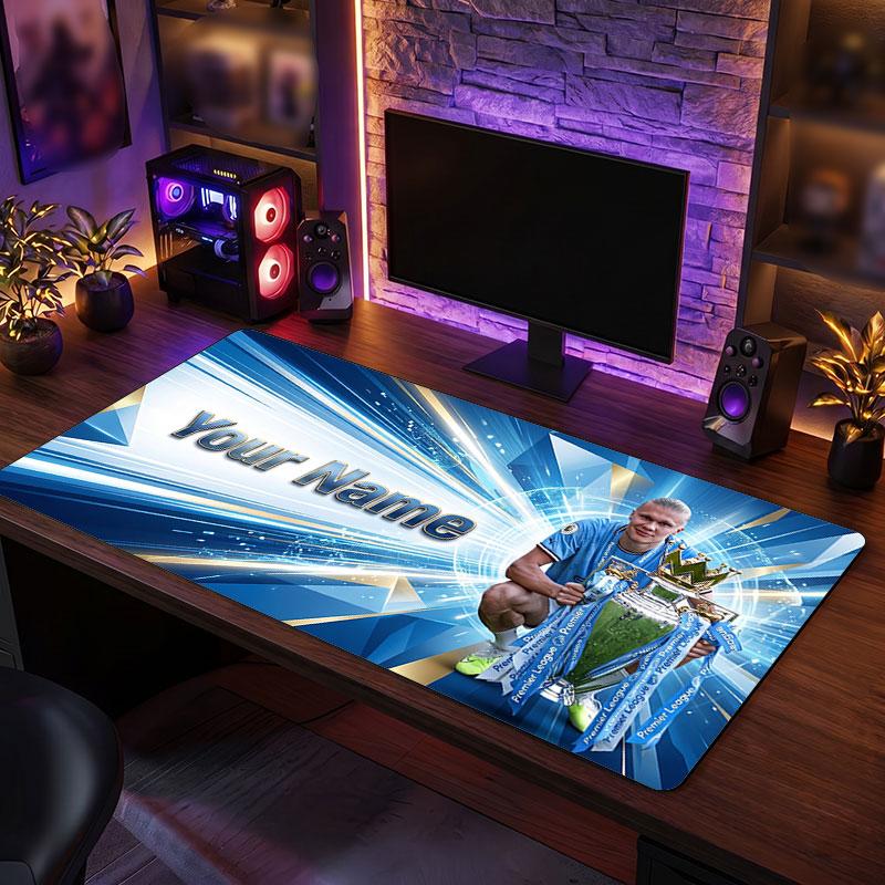 Erling Haaland Custom Large Mouse Pad, Personalized Name Text Print, Football Logo Non‑Slip Desk Mat Gaming Gift