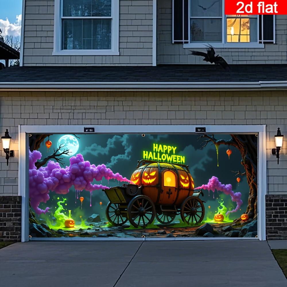 2D flat design 1 piece oversized Halloween garage door banner eerie night pumpkin carriage pattern.PMJ