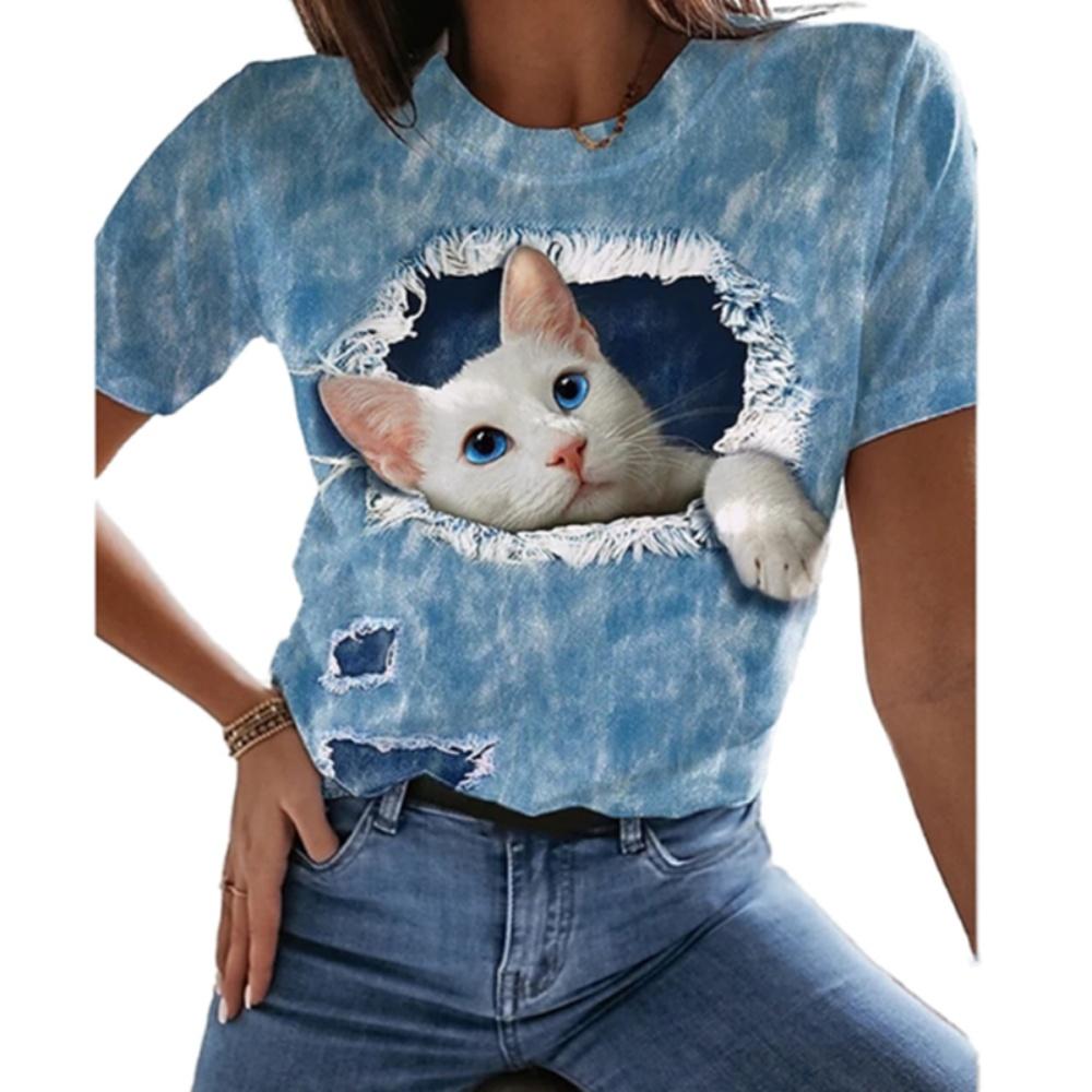 Women's T Shirt Blouse Short Sleeve Tees Vintage Y2k Harajuku 3D Cat Print Clothing Black Kawaii T-Shirts