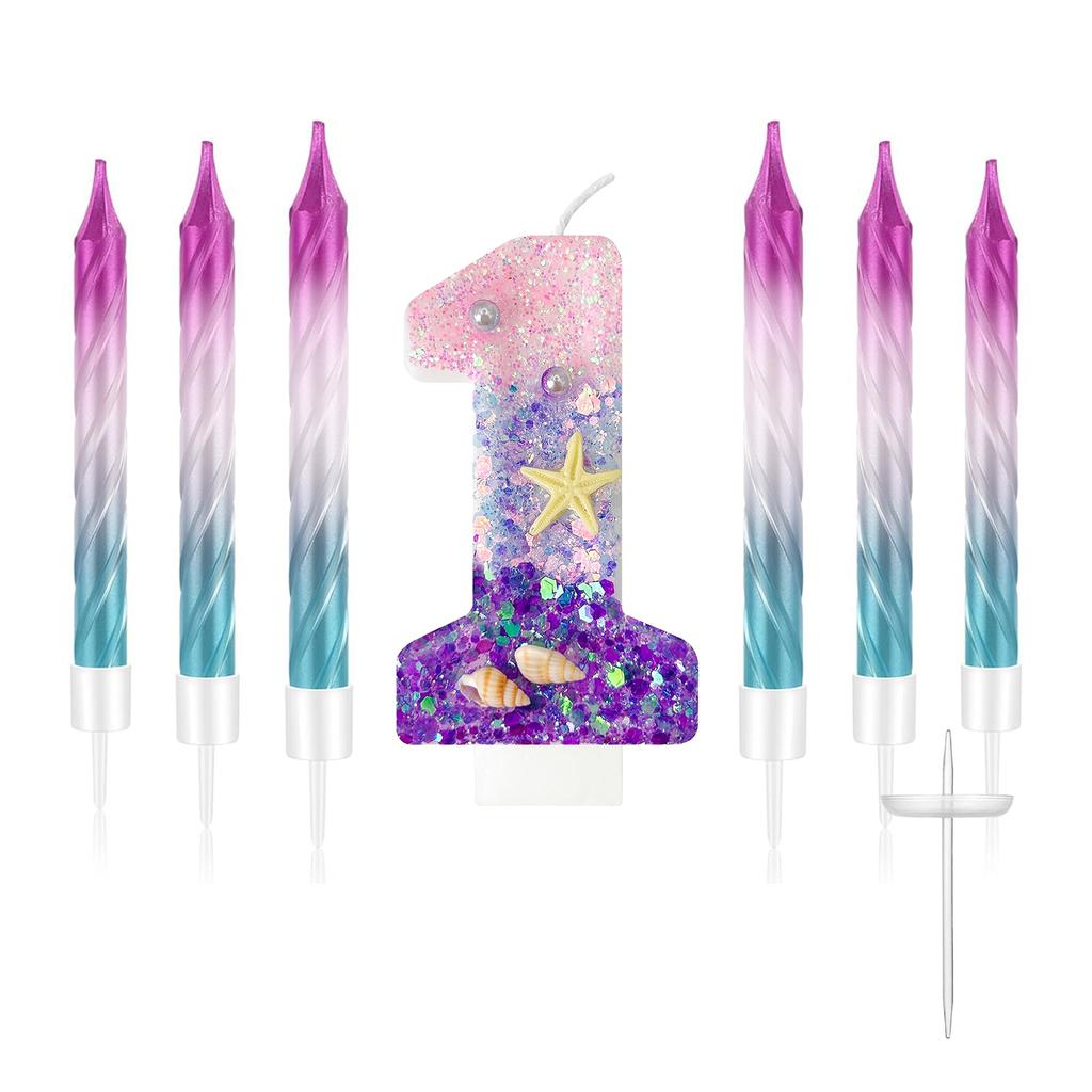 7pcs Girls Purple Mermaid Party Number 0-9 Cake Candles, 2.76 Inch Birthday Candle, Cake Topper Decoration for Birthday Party