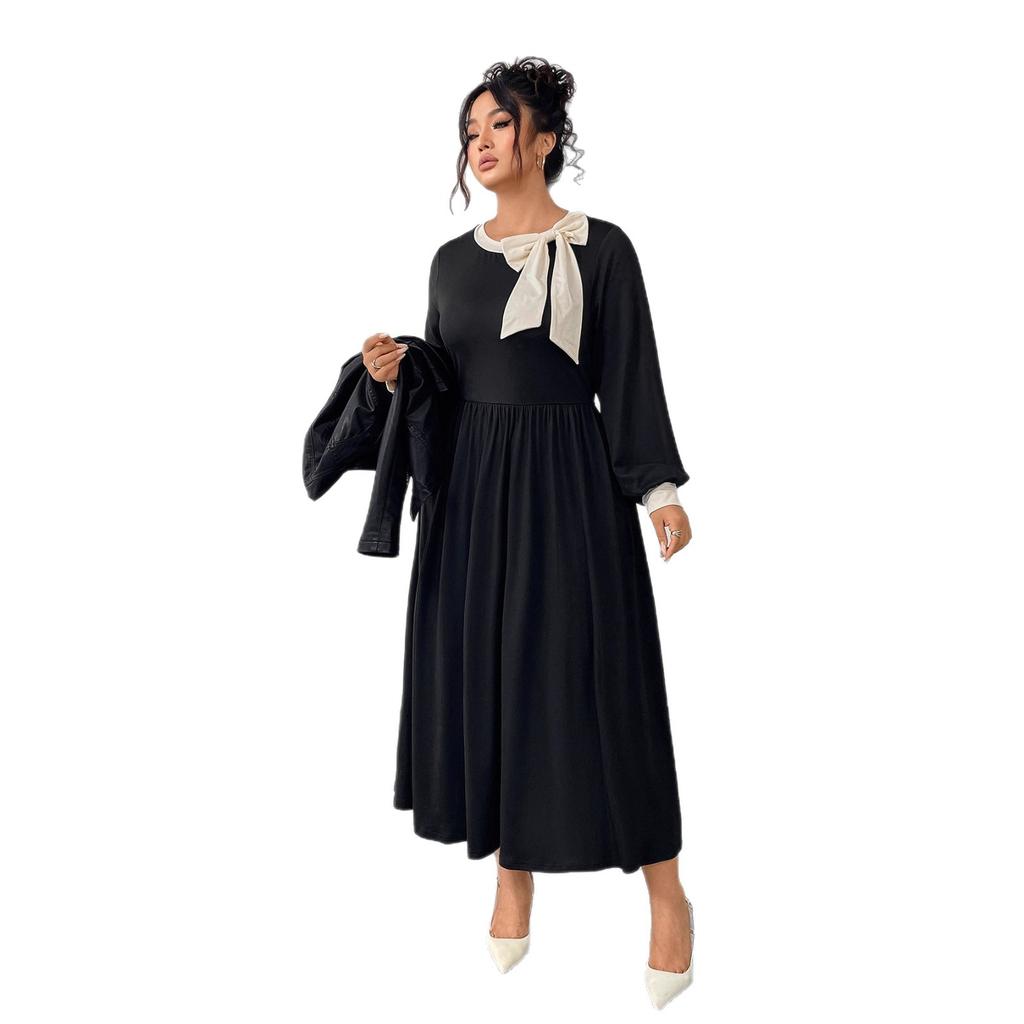 A Large-sized Color-blocking Three-dimensional Bow Dress for Women A Retro Slimming and Belt-covering Long Dress for Autumn and Winter