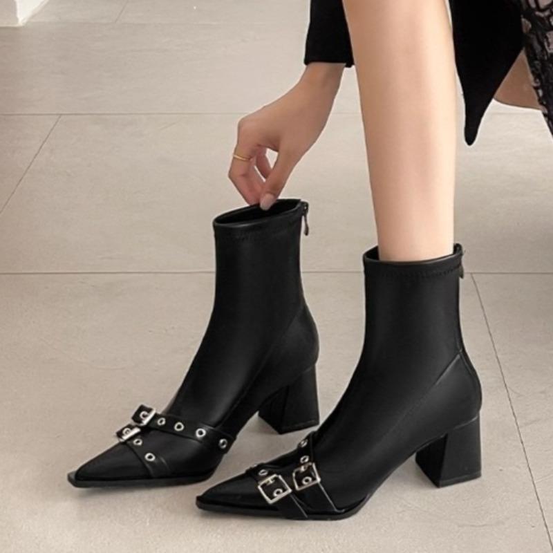 

Short Leg Skinny Boots Fashion Pointed Toe Belt Buckle Rear Zipper Non-Slip Wear-Resistant Block 35 чёрный
