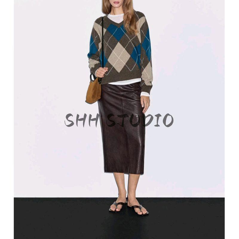 MD Autumn Women clothes Preppy Fleece Blended Diamond Plaid Retro V-neck Sweater Knit 5692593