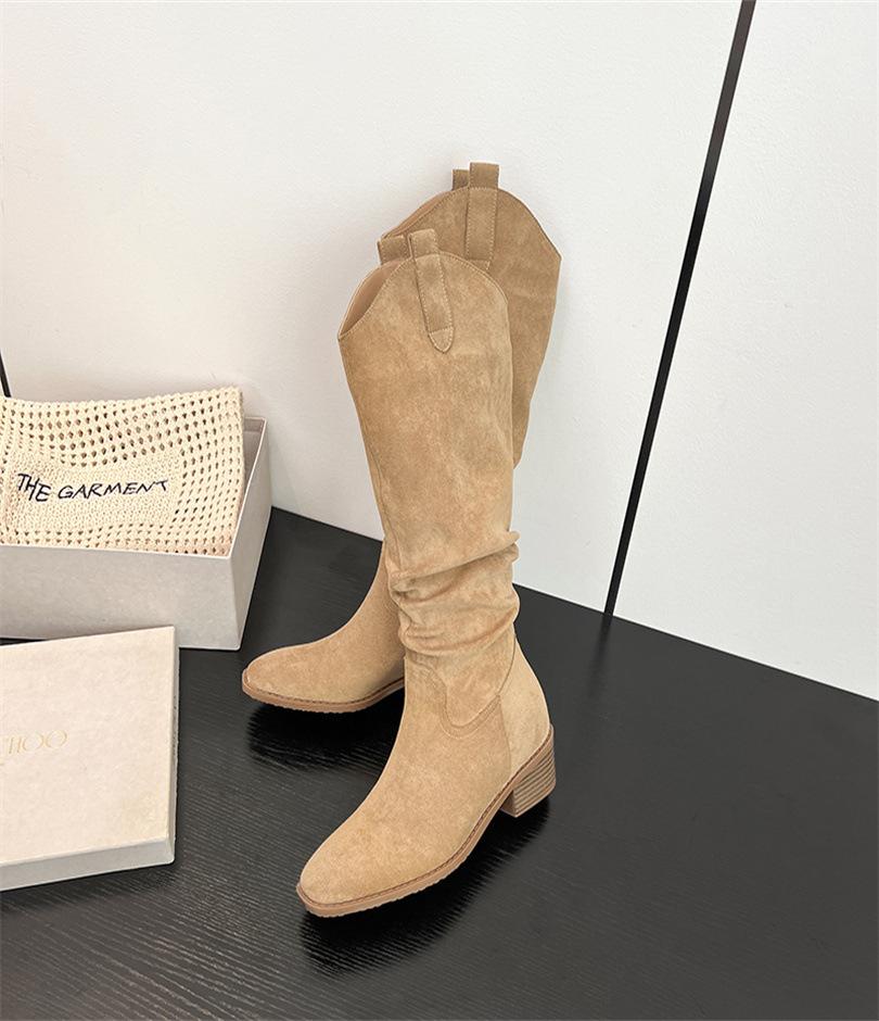 

(Spot) Boots Women s Autumn and Winter New Medium Boots Coarse Heel Martin Boots Invisible Inner Heightening Pile Knight Boots 40 хаки