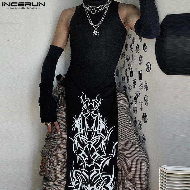 

INCERUN Men Summer Oversleeve High Neck Sleeveless Splits Long Tank Tops S чорний