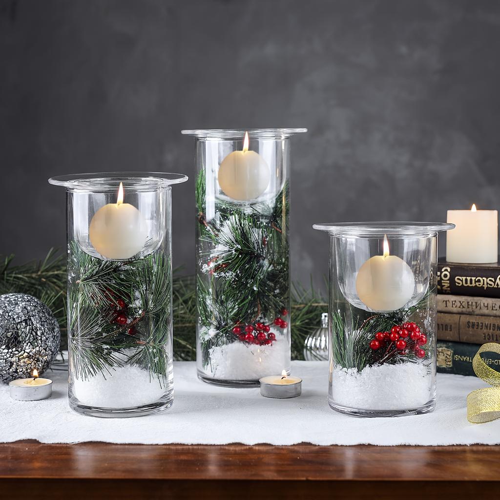 3pcs Glass Hurricane Candle Holders With Decorative Christmas Ornaments - Set Of 3(Candles Not Included)