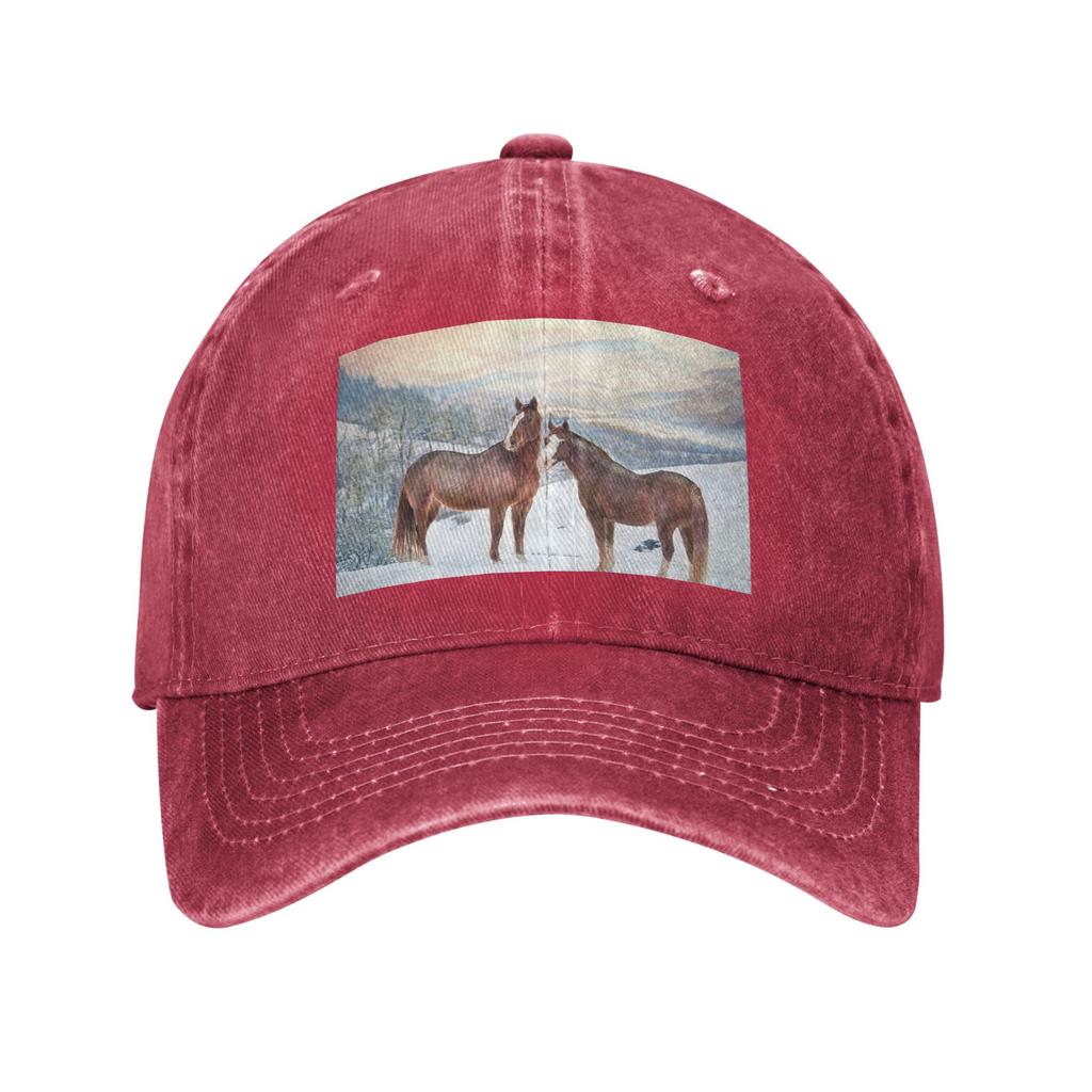 Pferde mit Schnee und Sonnenuntergangshügeln Gewaschene Jeans-Kappe Lässige Baseballkappen Verstellbarer Hut Sommer Unisex Baseballkappen