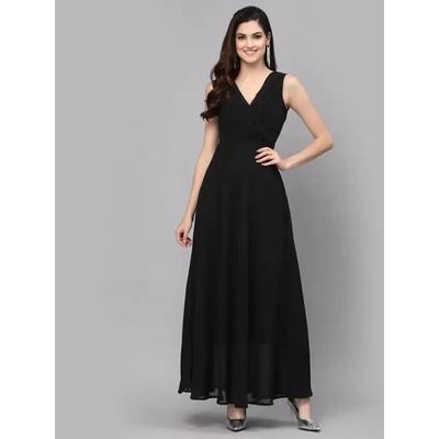 Women Fit and Flare Black Dress Party Western Wear Sleeveless V-neck Long Dress VIF-3122