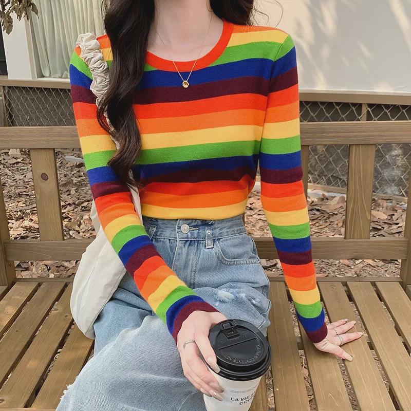 2025 Slim Fit Korean Rainbow Striped Navel-Baring Sweater