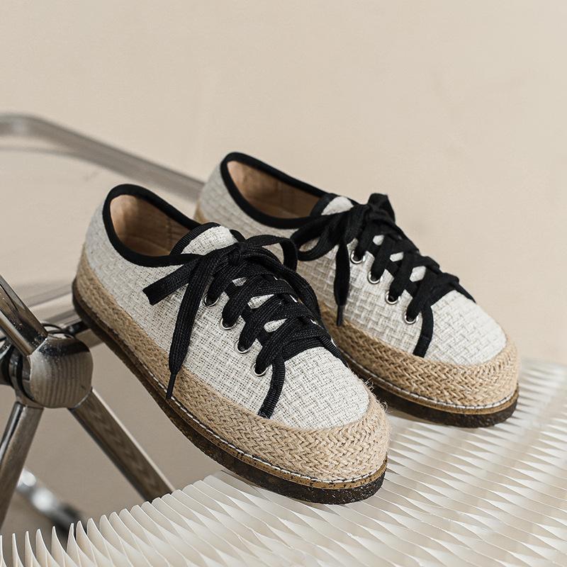 Fashion round toe sequines cloth flats women straw espadrilles shoes ladies lace up platform fisherman shoes woman moccasins big size 43