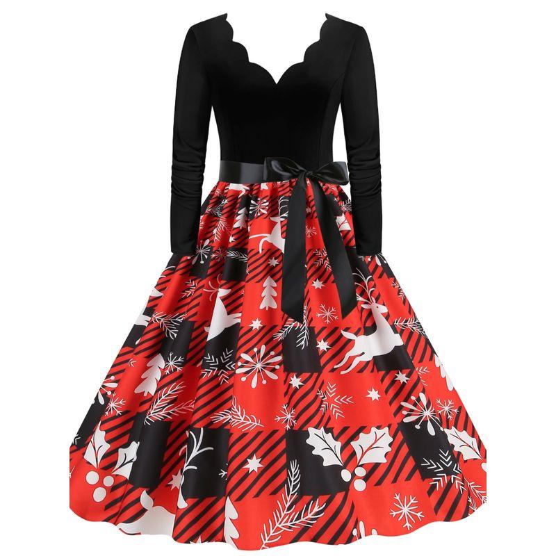 European and American Retro Autumn Burning Flowers V-neck Slim Fit A Word Snowflake Elk Christmas Mid-Length Long Sleeve Dress Formal Dress
