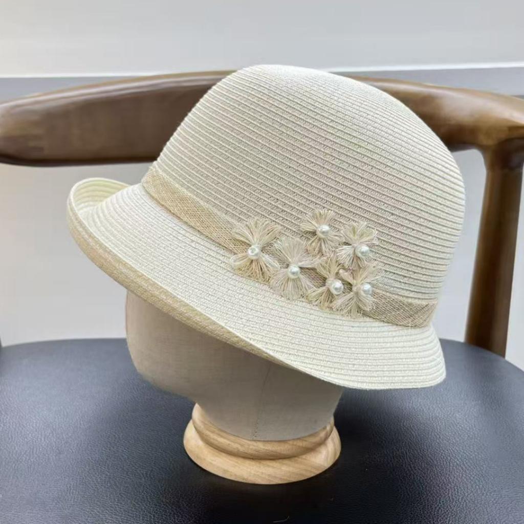 French handmade beads fine grass sunscreen bucket hat women's summer sunshade travel straw hat vacation travel elegant small pot hat