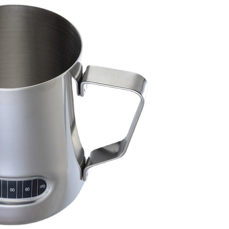 Kaffekopp i rustfritt stål med termometer og helletut, multifunksjonell måle- og bakekopp for hjemmebruk.
