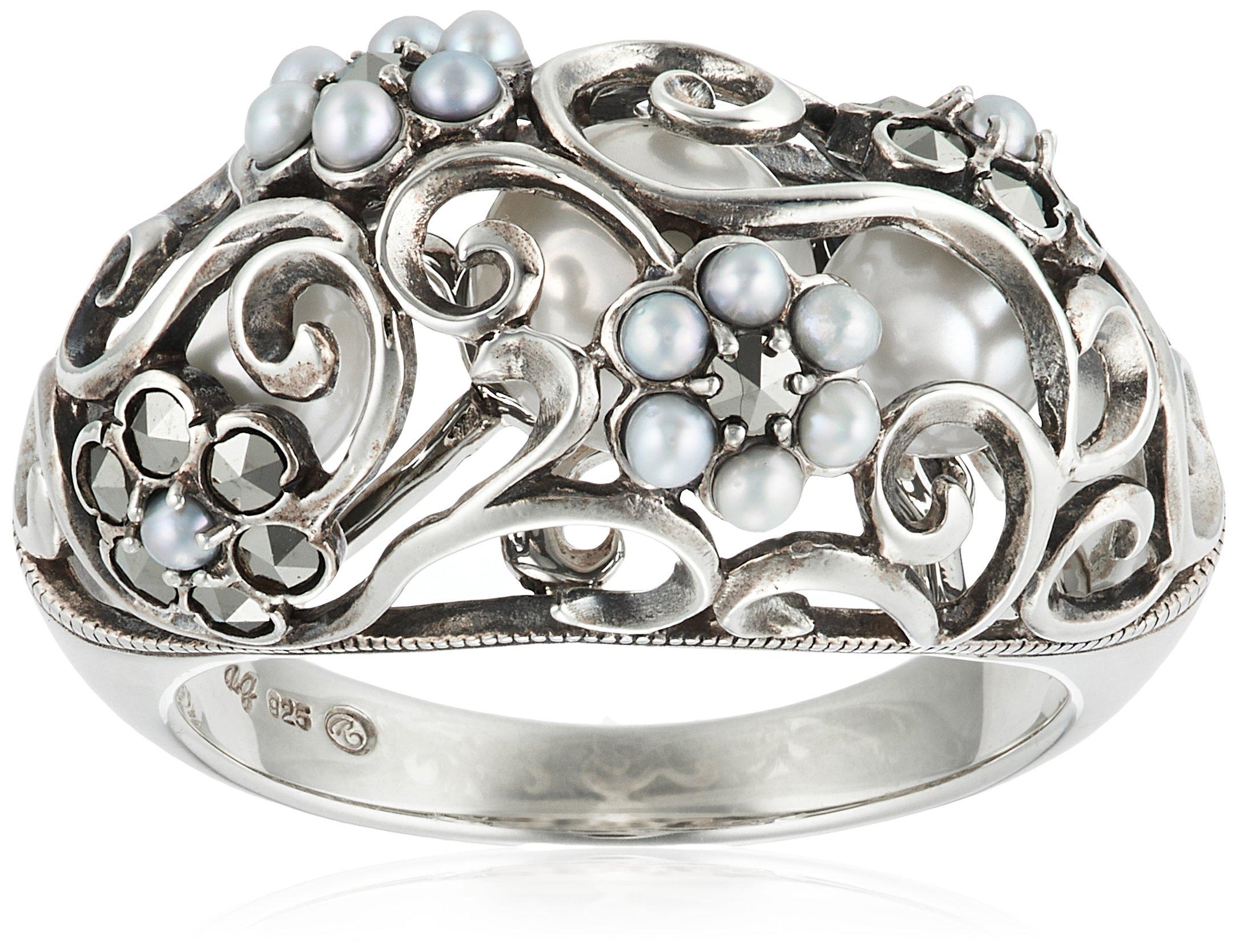 

Кольцо Rokuzan с жемчугом и марказитами, мотив цветка, японский размер 15, 204R0584#15,