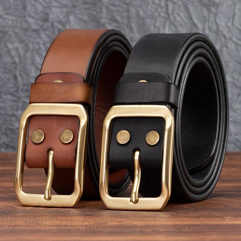 Belt Men's Leather Pin Buckle Pure Cowhide Copper Buckle Vintage Distressed Workwear Belt Soft and Durable Pure Cowhide Trouser Belt