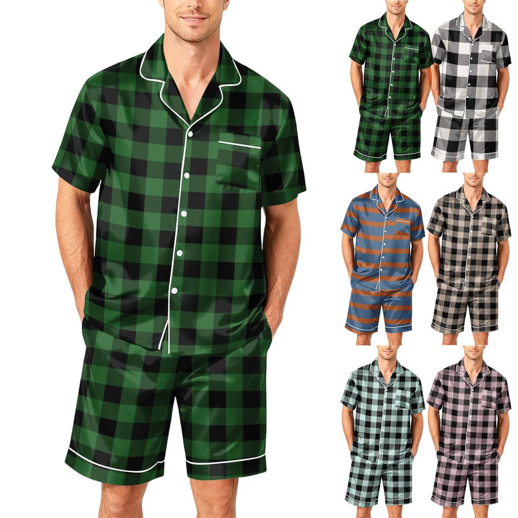 Men's Short Sleeve Button Down Pajama Set with Hemmed Shorts Soft Casual Sleepwear Lounge Set Available In Sizes S To XXXXL